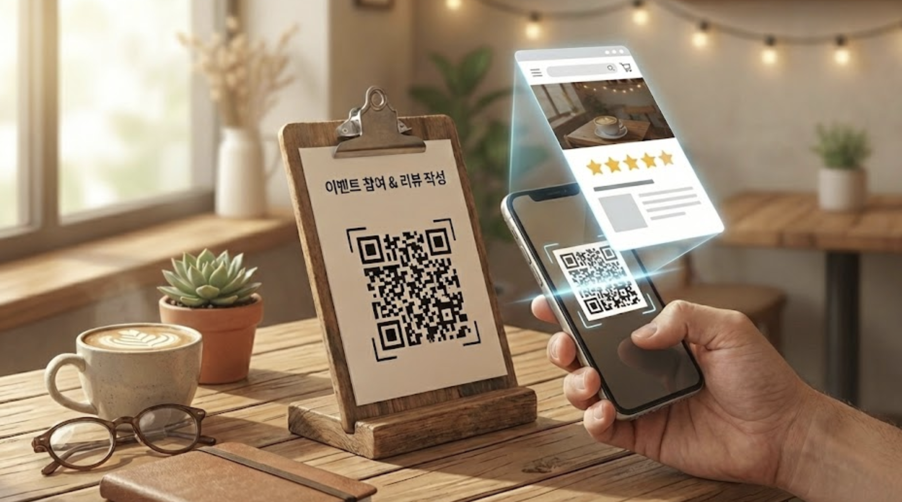 카페 테이블 위에 놓인 감성적인 소품과 이벤트 안내 QR 코드 스탠드 실사 이미지