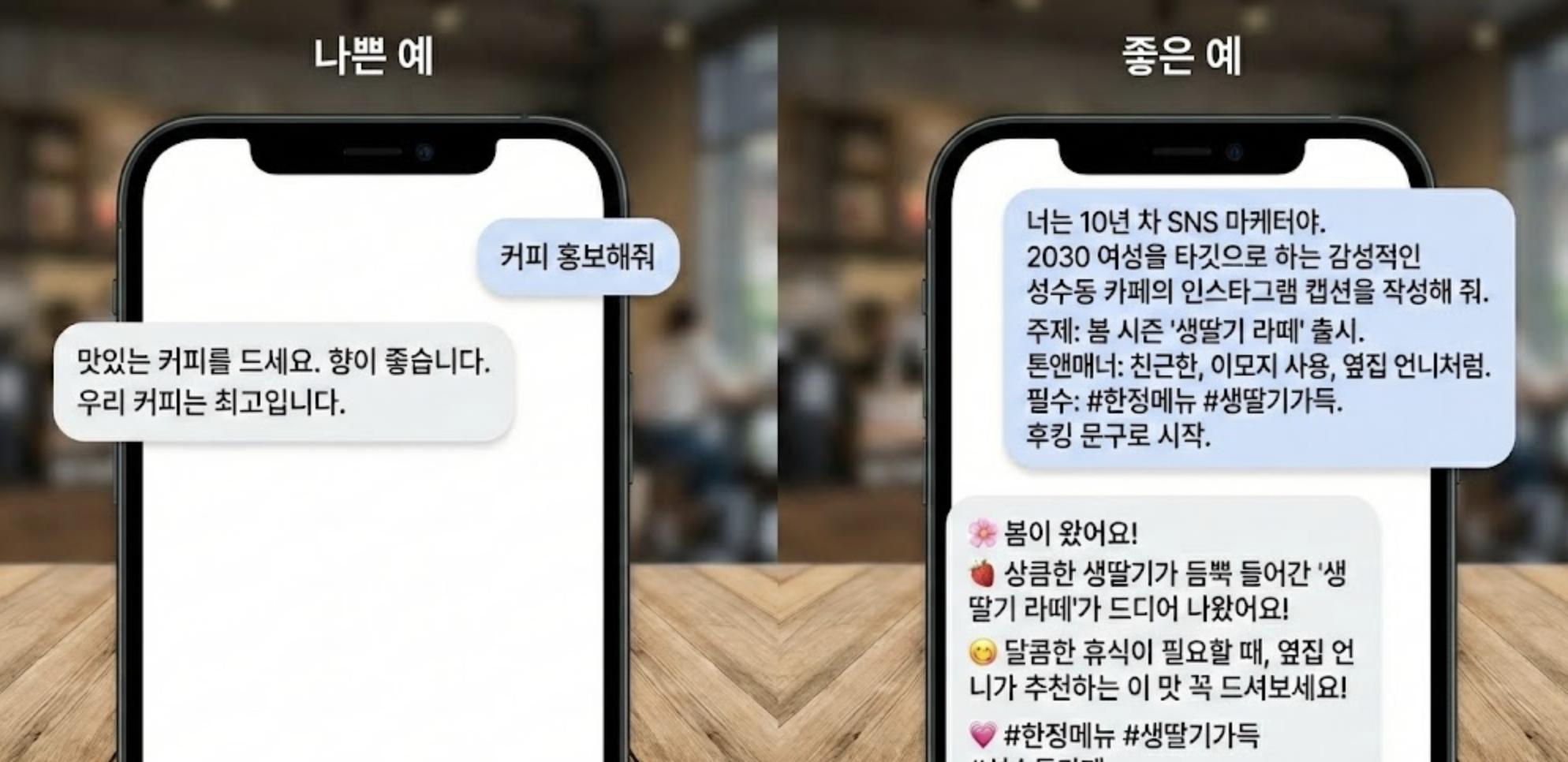 AI 활용 시 짧고 단순한 명령어와 퀄리티 낮은 프롬프트와 구체적인 프롬프트와 훌륭한 답변 예시