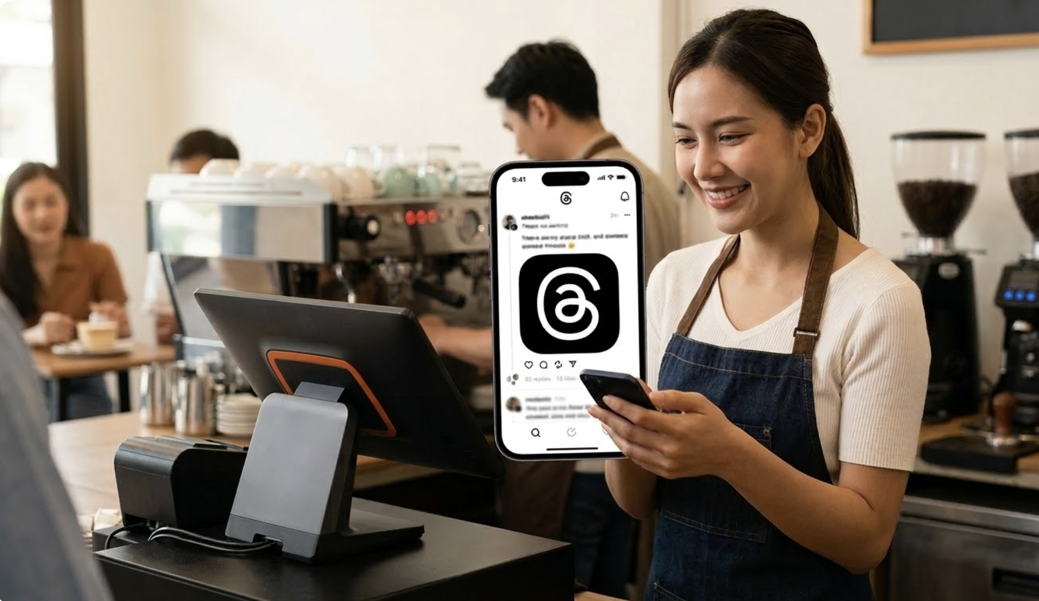 매장 카운터에서 스마트폰으로 스레드 앱에 글을 작성하는 카페 사장님의 모습