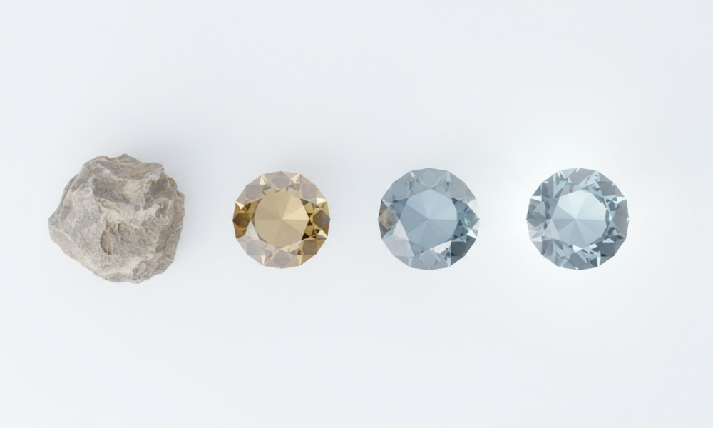 투박한 원석이 숙련된 장인의 손길을 거쳐 섬세하게 세공된 빛나는 보석으로 변모하는 과정. 지역 자원 브랜딩의 잠재력과 가치 창출을 시각적으로 표현하며, 새로운 시각으로 숨겨진 가치를 발견하는 로컬 브랜딩의 중요성을 강조합니다.