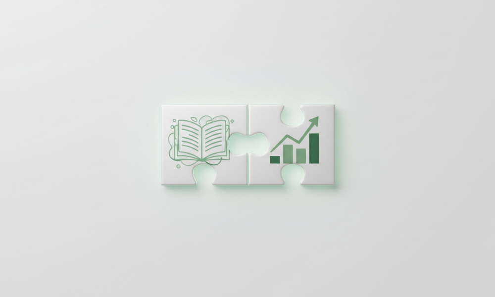 이야기책 페이지가 그려진 퍼즐 조각과 매출 성장 그래프가 그려진 퍼즐 조각이 완벽하게 연결되어 빛을 발하는 이미지. 스토리텔링 마케팅이 고객과의 진정성 있는 연결을 통해 비즈니스 성장을 이끌어내는 과정을 시각적으로 표현합니다.