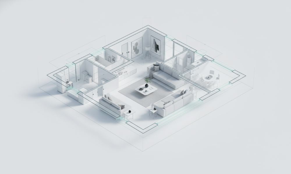 투명한 건축 평면도가 생생한 가상현실(VR) 거실 공간 위에 겹쳐진 모습. 깔끔하고 미니멀한 디자인으로, 부동산 분양 시 3D 평면도와 VR 투어를 통해 고객이 미래의 집을 미리 체험하고 결정하는 과정을 시각적으로 표현합니다. 가상현실, 주택, 인테리어, 고객 경험 키워드 포함.
