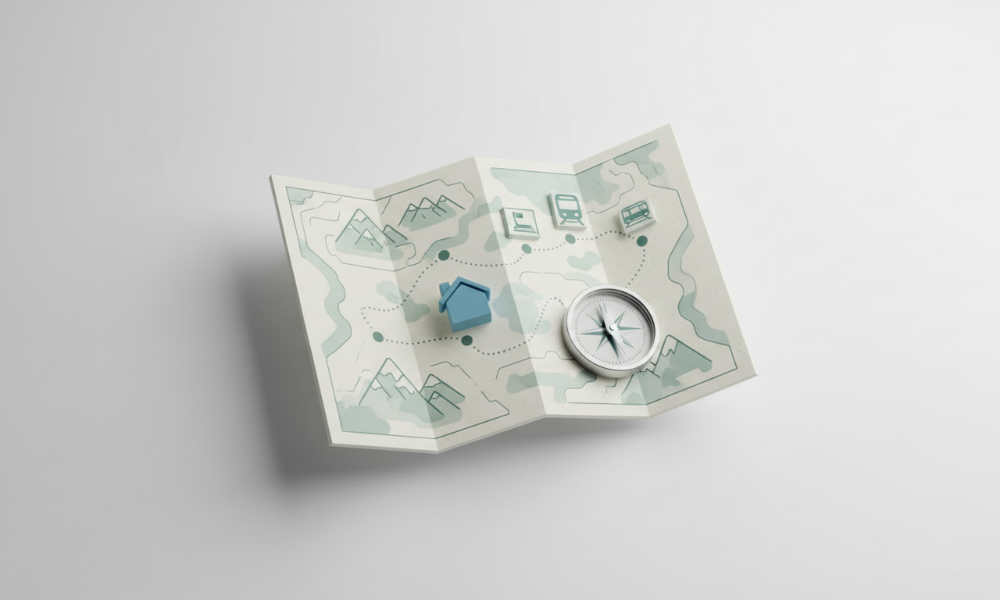 깔끔한 흰색 배경 위에 정교하게 그려진 아파트 단지 입지 지도와 그 위에 놓인 돋보기. 지도에는 지하철역, 학교, 병원, 대형마트 등 주요 편의시설이 아이콘으로 명확하게 표시되어 있으며, 돋보기는 특정 지역을 확대하여 상세 정보를 탐색하는 모습을 상징합니다. 부동산 분양 정보, 단지 개요, 입지 분석, 고객 경험 향상 등의 키워드를 시각적으로 전달합니다.