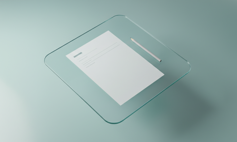 투명한 유리 테이블 위에 놓인 깔끔한 문의 양식 한 장과 단순한 연필 한 자루. 복잡한 예약 시스템 대신 간편한 문의 폼으로 비즈니스 효율성을 높이고 고객과 직접 소통하는 모습을 상징하는 썸네일 이미지.