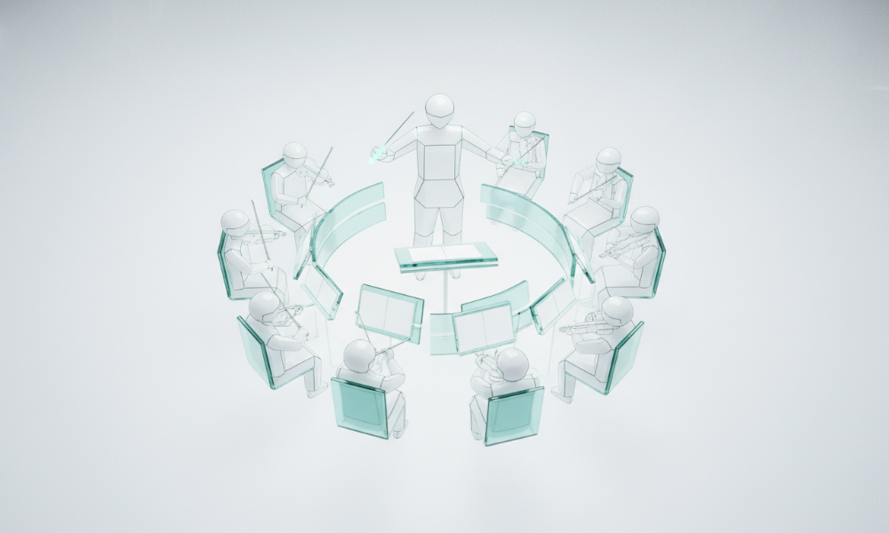 투명하고 맑은 배경 위에서 지휘봉을 든 지휘자가 AI 코딩 툴을 상징하는 추상적인 오케스트라를 능숙하게 지휘하는 모습. 이는 개발자 없이도 AI와 대화하며 앱을 만드는 '바이브 코딩' 트렌드를 시각적으로 표현하며, 개발자의 역할이 코드를 직접 작성하는 '작가'에서 AI를 지휘하는 '편집장'으로 변화함을 강조합니다.