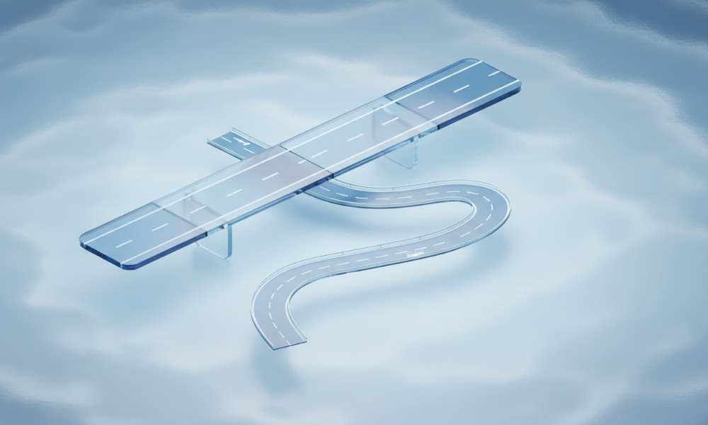 짧고 넓은 고속도로에 차량이 가득하고, 길고 좁은 국도에는 차량이 드문 대비를 보여주는 인포그래픽 썸네일. 도메인 길이와 웹사이트 트래픽의 상관관계를 시각적으로 설명하며, 짧은 도메인이 높은 방문자 수를 유도한다는 SEO 전략의 중요성을 강조합니다.