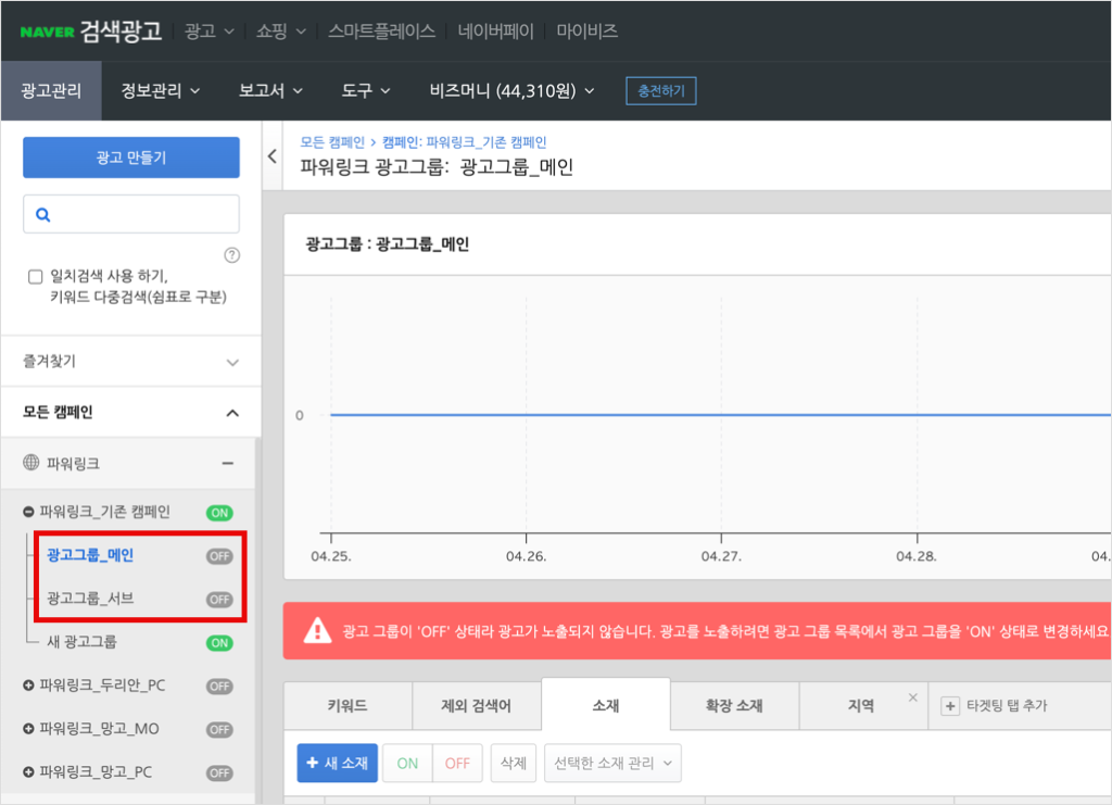 네이버 파워링크 광고, 모두홈페이지 이전 후 새 도메인으로 재설정하기 9 네이버 광고관리에 기존 광고그룹의 상태가 OFF 처리되어 더 이상 기존 광고는 게재되지 않는 걸 확인할 수 있다.