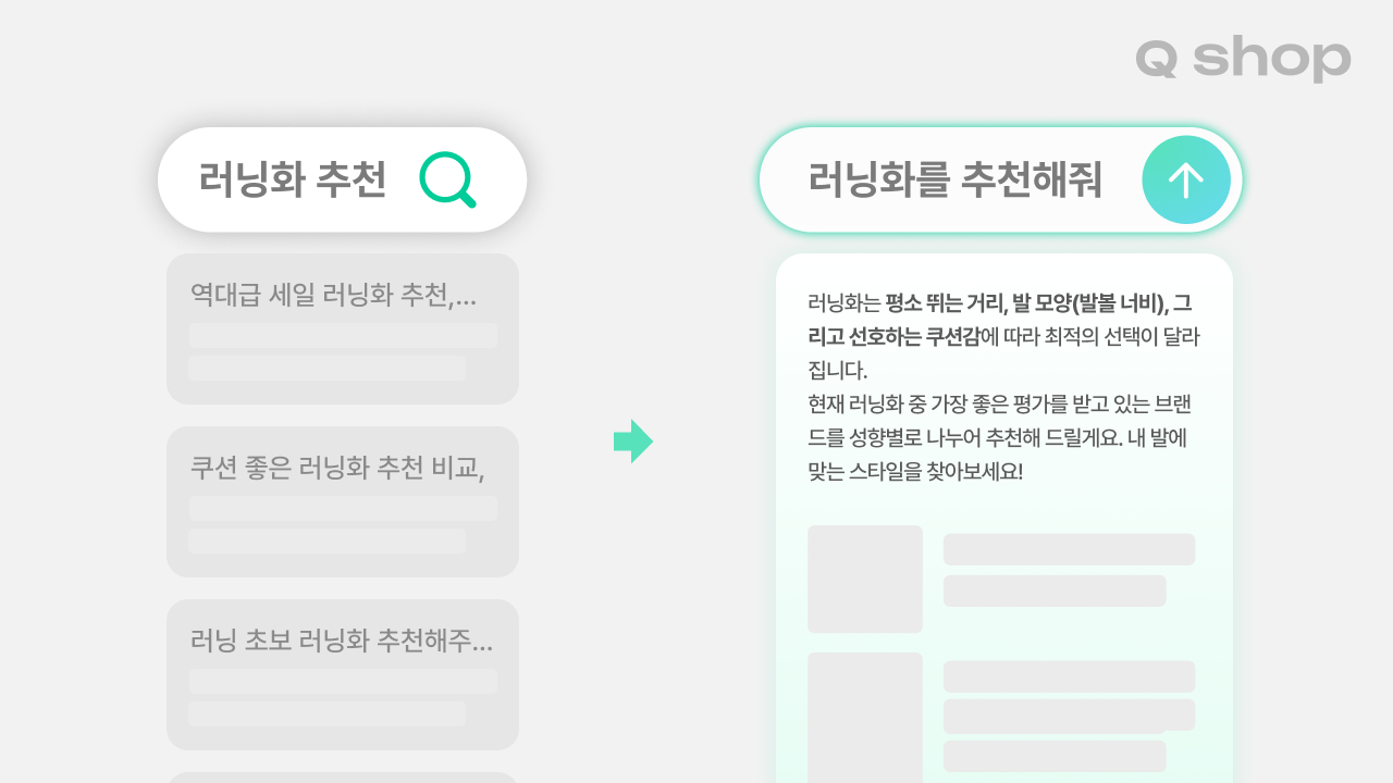 직접 찾는 러닝화와 찾아주는 러닝화 (AI 검색 변화 예시)