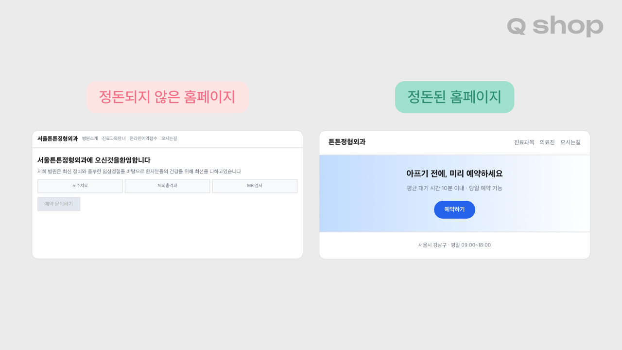 정돈되지 않은 병원 예약 홈페이지와 정돈된 병원 예약 홈페이지를 나란히 비교한 예시. 왼쪽은 메뉴와 텍스트가 빽빽하게 들어찬 모습, 오른쪽은 "아프기 전에, 미리 예약하세요"라는 명확한 문구와 정돈된 레이아웃으로 구성됨