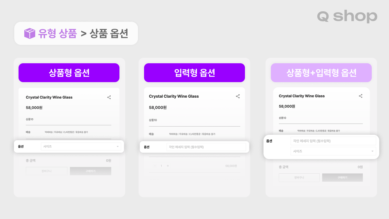 큐샵 유형상품 등록 화면에서 옵션 설정 방식 3가지를 비교한 예시. 왼쪽은 사이즈를 드롭다운으로 고르는 상품형 옵션, 가운데는 각인 메시지를 텍스트로 입력하는 입력형 옵션, 오른쪽은 각인 메시지 입력과 사이즈 선택을 함께 쓴 상품형+입력형 조합 옵션을 보여줌