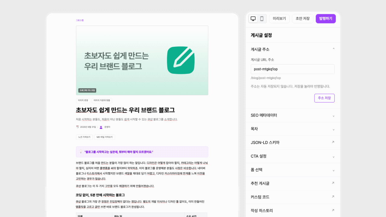 큐샵 블로그 에디터 전체 화면. 왼쪽에는 제목, 발행일, 작성자, 인용문 콜아웃, 본문 문단이 있는 글쓰기 화면이 있고, 오른쪽에는 미리보기·초안 저장·발행하기 버튼과 게시글 주소·SEO 메타데이터·목차·JSON-LD 스키마·CTA 설정·폼 선택·추천 게시글·커스텀 코드·작성 히스토리 설정 패널이 나란히 배치되어 있음