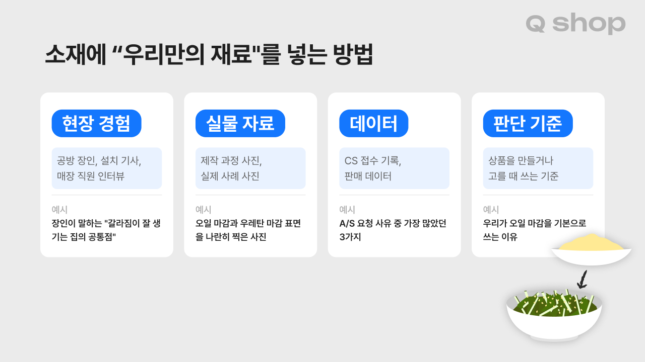 우리만의 재료 4가지. 현장 경험은 장인·설치 기사·매장 직원 인터뷰, 우리 데이터는 CS 접수 기록·판매 데이터, 실물 자료는 제작 과정·실제 사례 사진, 판단 기준은 상품을 만들거나 고를 때 쓰는 기준에서 구할 수 있다는 내용과 원목 가구 브랜드 예시