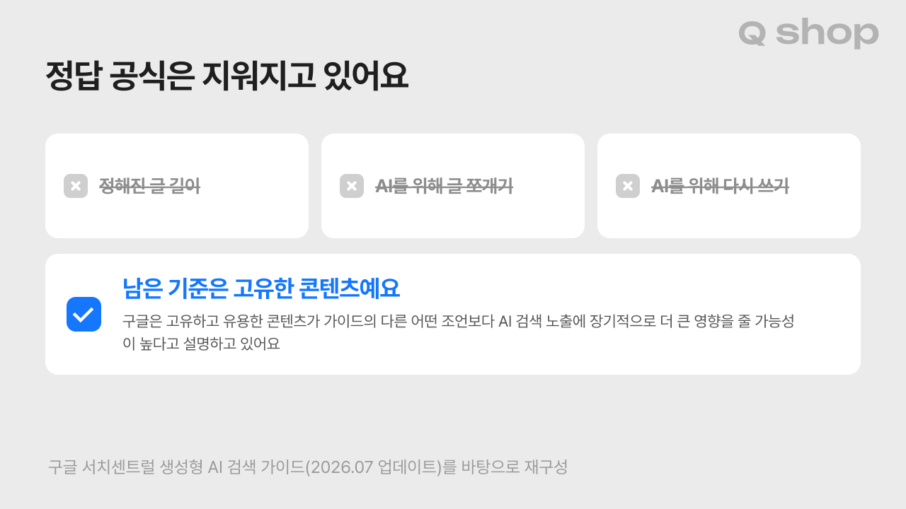구글이 하지 않아도 된다고 정리한 세 가지(정해진 글 길이, AI를 위한 글 쪼개기, AI를 위한 재작성)에 취소선을 긋고, 남은 기준인 고유한 콘텐츠를 강조한 이미지